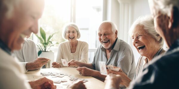 Gruppe älterer Leute beim Kartenspielen im Nachbarschaftstreff